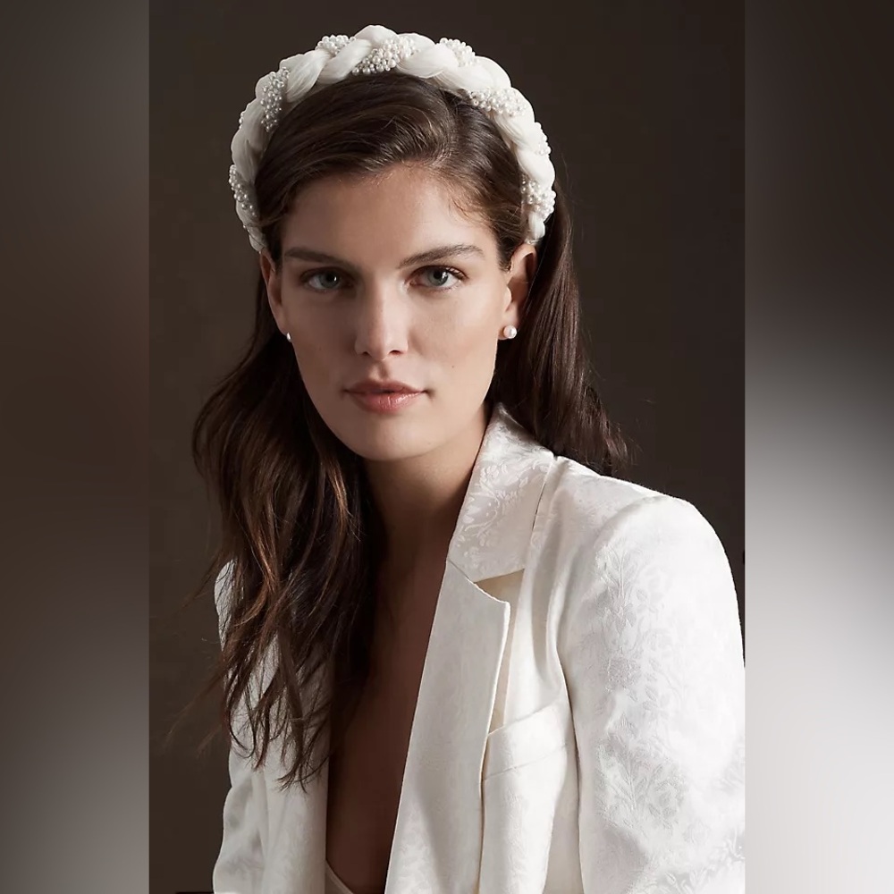 Loeffler Randall Cream Braided Headband with pearls